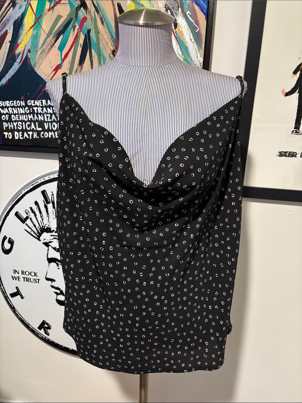 Zenobia Black Cowl Neck Polka Dot Camisole Top 1XL